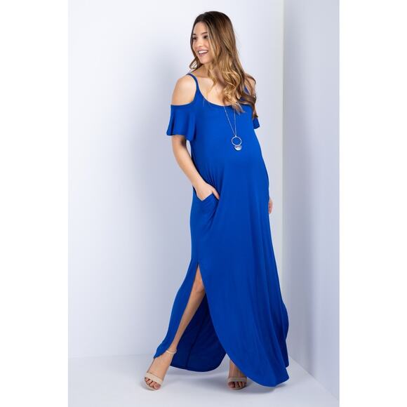 Pinkblush Dresses & Skirts - Pinkblush Maternity Royal Blue Cold Shoulder Maxi Dress Pockets Size Large